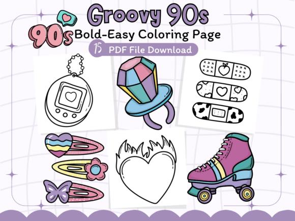 Groovy 90s-themed coloring page with Tamagotchi, ring pop, and retro items
