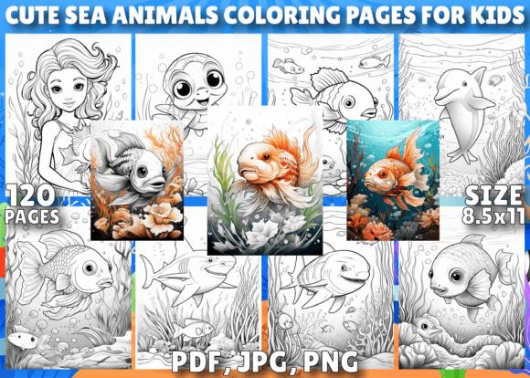 Cute sea animals coloring pages preview with mermaid, dolphin, turtle and other marine creatures