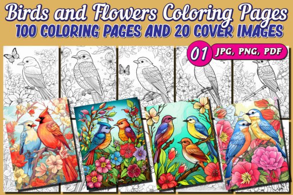 Birds and Flowers Adult Coloring Pages Collage
