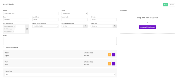 Plant and Equipment Admin Screen