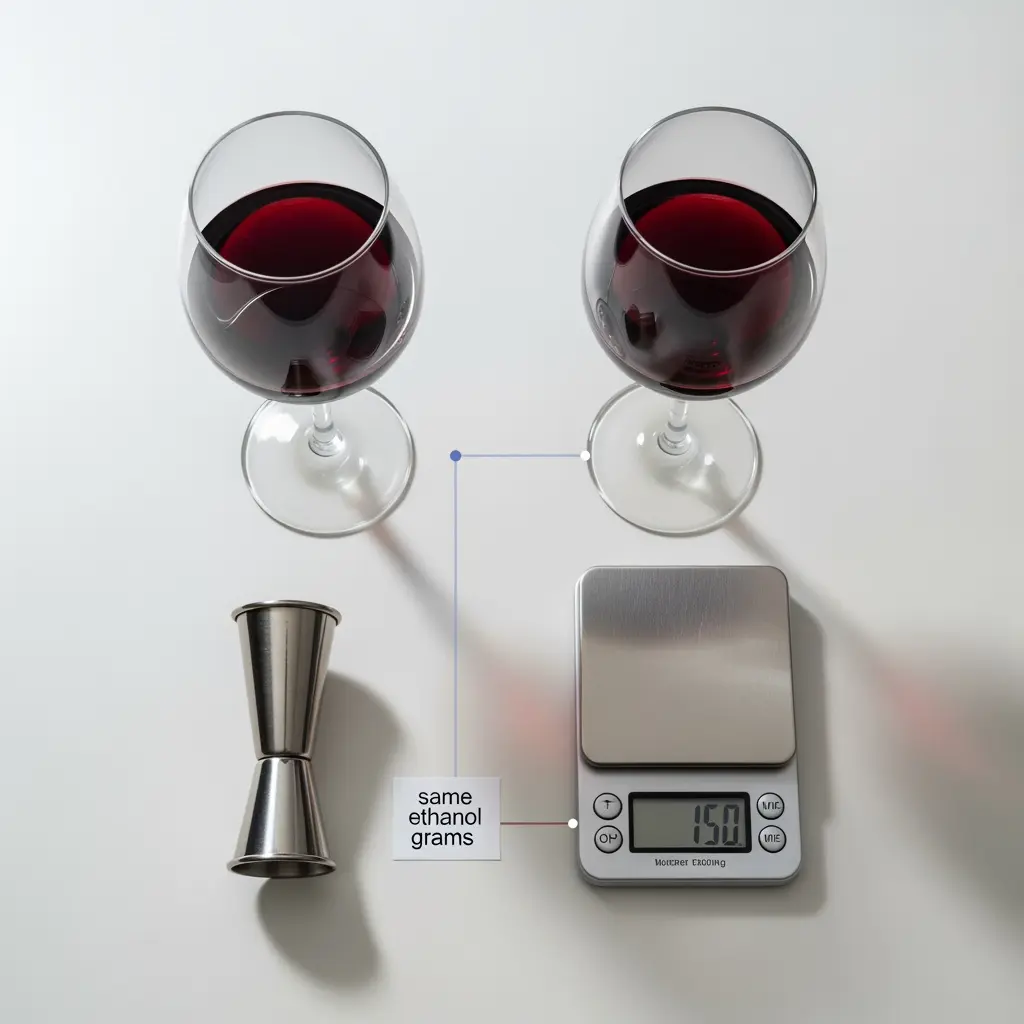 The image presents a clean, top-down view of various drinking and measuring items arranged on a white background, illustrating a concept related to alcohol content. Two wine glasses, each filled with red wine, are positioned at the top of the frame. Below them, to the left, is a silver double-sided jigger, a common bar tool for measuring spirits, and to the right, a digital kitchen scale displaying \