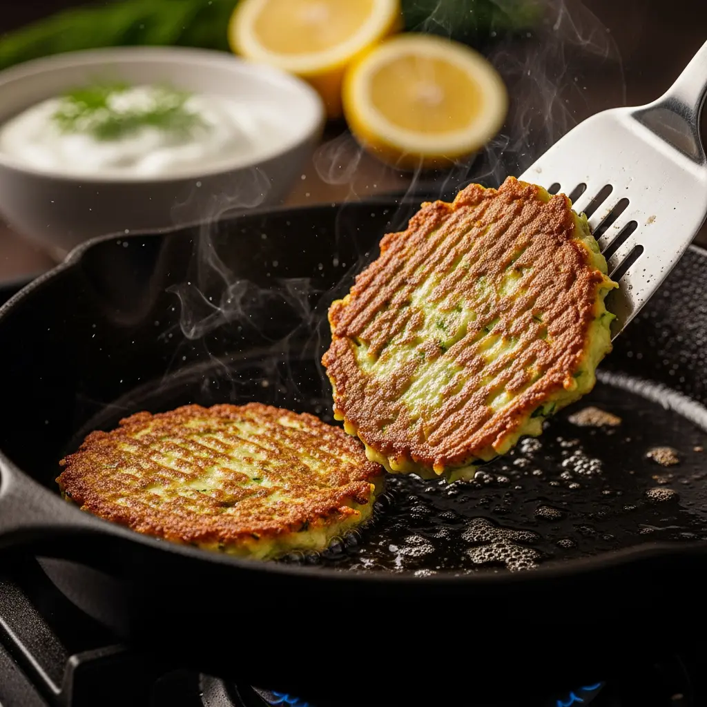 This vibrant image captures a delicious moment of cooking, as a golden-brown zucchini fritter is being lifted from a sizzling black cast iron skillet with a metal spatula. Another perfectly cooked fritter rests in the pan amidst bubbling hot oil, with wisps of steam rising, indicating its freshness. In the softly blurred background, a white bowl of creamy sauce, likely yogurt or tzatziki garnished with dill, and bright yellow lemon halves suggest accompanying condiments, highlighting a fresh and inviting meal preparation.

Zucchini fritters, frying, cast iron skillet, spatula, hot oil, steam, cooking, lemon, dill sauce, fresh, golden brown, crispy, homemade, kitchen, food, delicious, meal, appetizer.