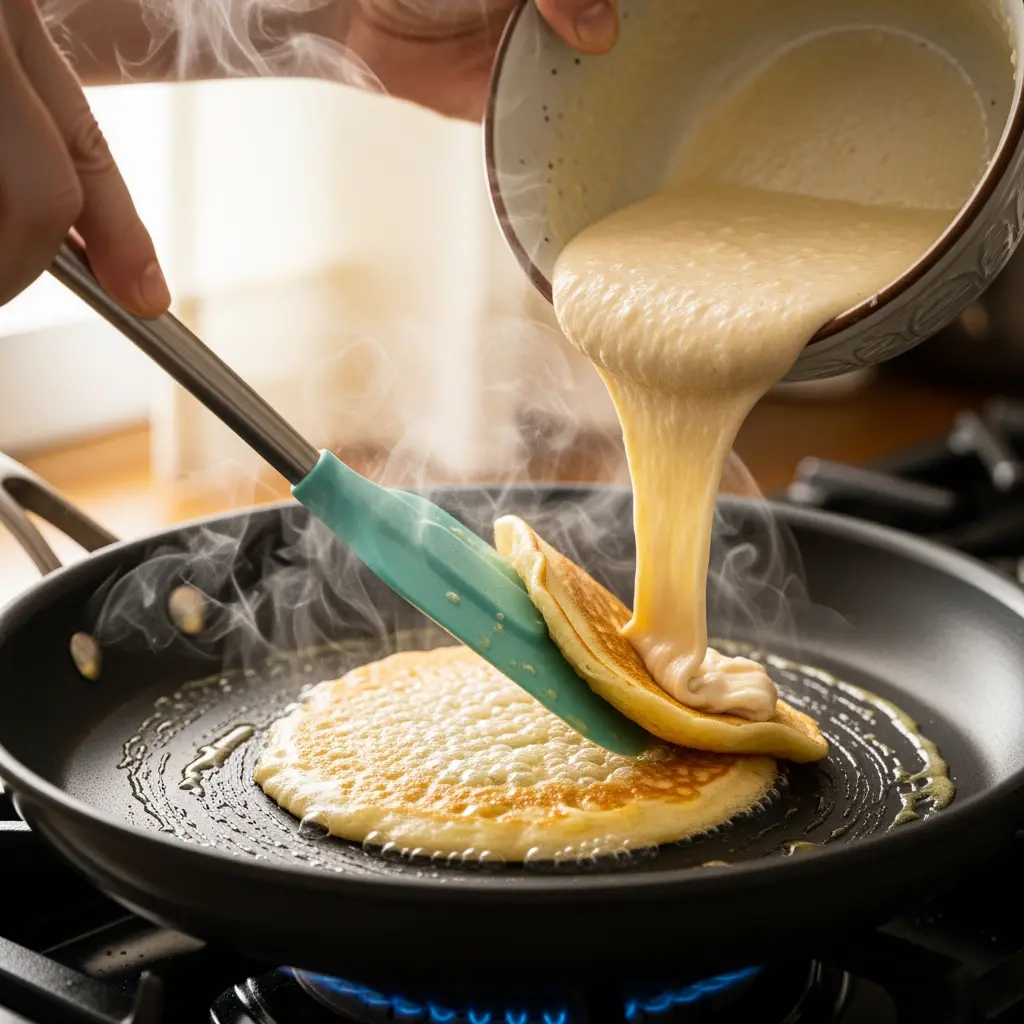 This vibrant image depicts a close-up scene of pancakes being cooked in a busy kitchen. A thick stream of creamy pancake batter is being poured from a ceramic bowl into a hot frying pan, where at least two golden-brown pancakes are already sizzling. One hand deftly uses a pair of teal-tipped tongs to hold or flip a partially cooked pancake, as steam rises visibly from the pan's surface. The pan rests on a gas stovetop, with the distinct blue flames of the burner illuminating the heat underneath, creating an inviting culinary atmosphere.

Keywords: Pancakes, cooking, batter, pouring, frying pan, stovetop, tongs, kitchen, breakfast, steam, golden-brown, food preparation, culinary, hot, skillet, gas burner, flipping, meal.