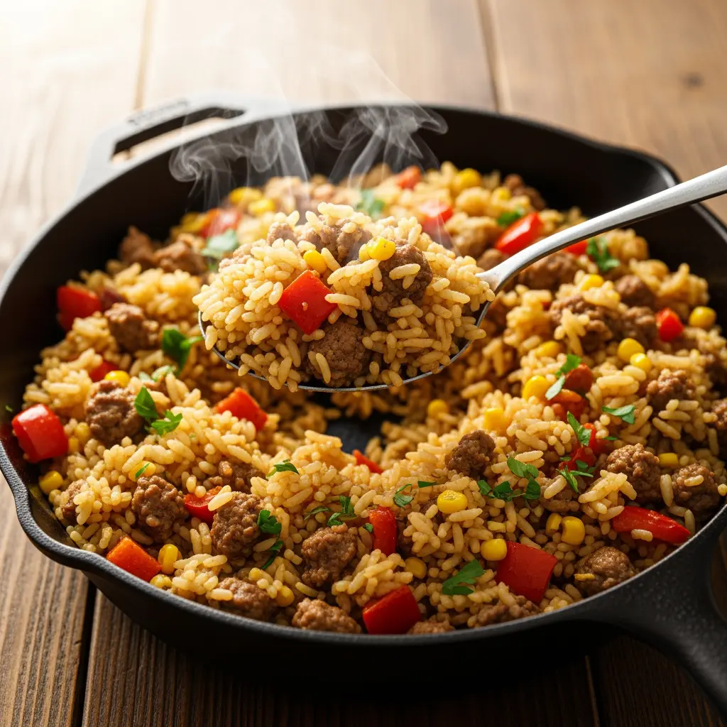 The image presents a vibrant, close-up view of a steaming rice dish served directly in a black cast-iron skillet resting on a rustic wooden table. A metal spoon is actively lifting a generous portion of the hot meal, from which delicate wisps of steam are visibly rising. The hearty mixture features light brown rice intermingled with crumbled ground meat, bright red bell pepper pieces, and yellow corn kernels, all garnished with scattered fresh green herbs. This freshly cooked and colorful one-pan meal appears ready to be enjoyed, highlighting its warmth and inviting presentation.

Keywords: Rice dish, skillet, steaming food, ground meat, red bell pepper, corn, spoon, cast iron, wooden table, hot meal, cooked, savory, comfort food, one-pan meal, home cooking, dinner, wholesome, flavorful, garnish, herbs.