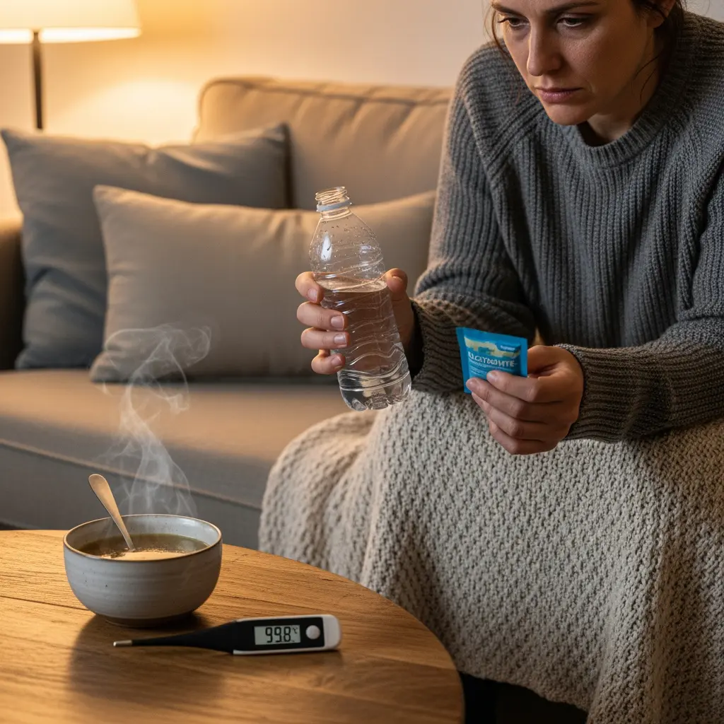 This picture depicts a woman who appears to be feeling unwell, sitting comfortably on a couch in a home setting. She is wrapped in a warm, textured blanket and wears a grey knitted sweater, holding a bottle of water and a small blue packet of what seems to be medicine or a supplement. On a wooden table in front of her, a steaming bowl of soup with a spoon and a digital thermometer displaying a temperature of 99.8 degrees Fahrenheit are visible, suggesting she is experiencing a fever or illness. The woman looks down with a somber expression, highlighting her discomfort while she prepares to take medication or hydrate.
Keywords: Woman, unwell, illness, fever, thermometer, 99.8, soup, steaming, water bottle, medicine, supplement, home, couch, blanket, sweater, wooden table, symptom management, rest, self-care, health.