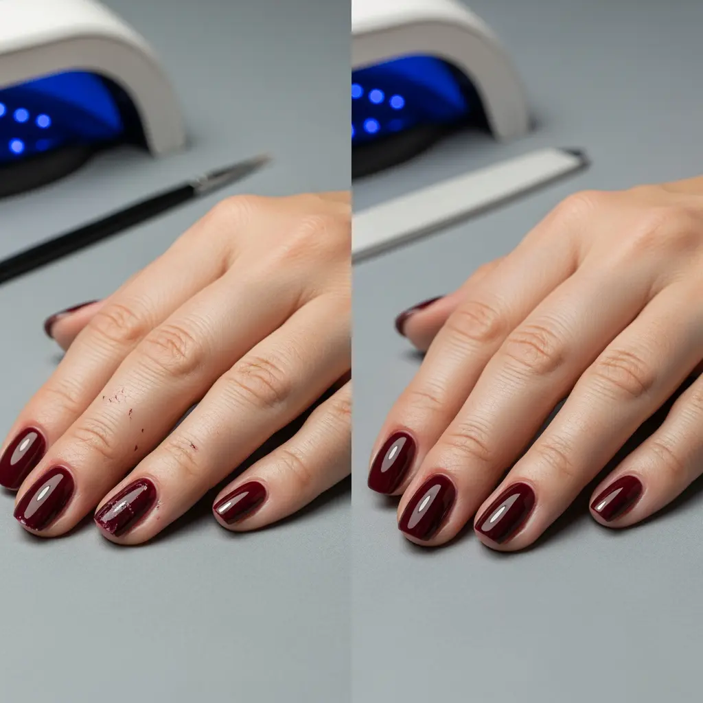This image displays a split-screen comparison of a hand receiving a manicure, showcasing a "before and after" transformation. On the left side, the hand has a dark red nail polish, with visible smudges on the skin around the nails and a prominent imperfection on the ring finger's polish. In the background, a black tool and a white UV nail lamp emitting blue light are present. The right side shows the same hand with flawlessly applied, glossy dark red nail polish, demonstrating a neat and professional finish without any smudges. A white nail file is visible in the background on the right, while the UV lamp remains.

Keywords: Manicure, nail polish, before and after, hand, dark red, burgundy, glossy nails, smudged, clean, UV lamp, nail care, beauty, nail file, gel nails, professional finish, aesthetic.