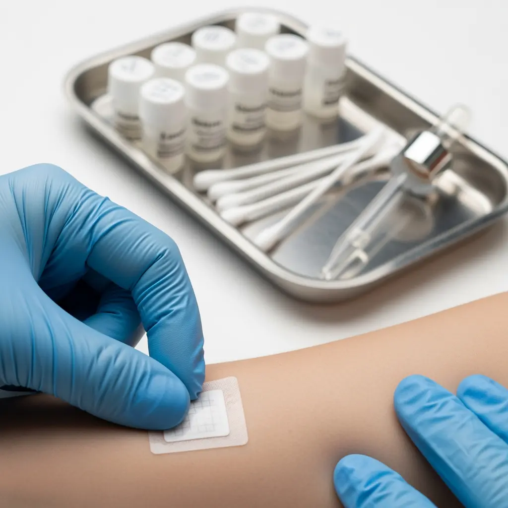 This image depicts a close-up view of a medical professional, wearing blue disposable gloves, applying a small, square, translucent patch to the inner forearm of a person. The patch has a subtle grid pattern visible on its surface and is carefully being pressed onto the fair-skinned arm. In the background, a sterile, rectangular stainless steel tray is visible, meticulously arranged with various medical supplies. These supplies include several small white cylindrical vials, a neat cluster of white cotton-tipped swabs, and a clear glass dropper with a metallic top, suggesting a controlled medical or laboratory procedure.

**Keywords:** Medical, Healthcare, Skin test, Patch application, Gloved hand, Forearm, Sterile tray, Vials, Cotton swabs, Dropper, Transdermal, Diagnostic procedure, Laboratory, Clinical setting, Blue gloves, Patient care, Pharmaceutical, Allergy testing.