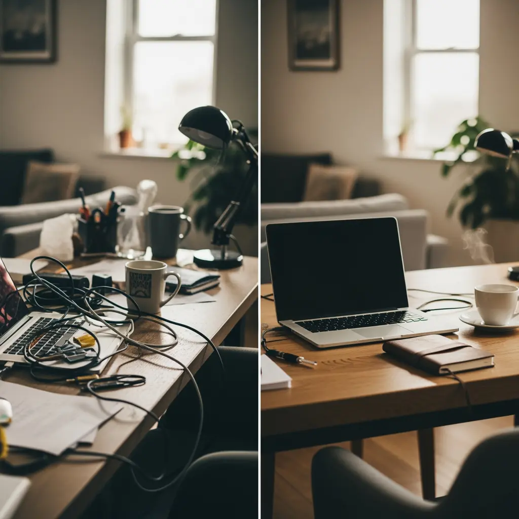 This diptych image presents a striking before-and-after comparison of a workspace set within a bright, contemporary room. The left panel showcases a cluttered wooden desk, overwhelmed by a tangled mess of cables surrounding an open laptop, scattered papers, two mugs, and various office supplies in a holder, all illuminated by a black desk lamp. In stark contrast, the right panel depicts the same desk transformed into a neat and minimalist environment, featuring the laptop centrally placed, a steaming white coffee cup on a saucer, and a neatly stacked leather-bound journal and a pad of paper, with the same desk lamp subtly positioned further back. The consistent background of a bright window, potted plant, and comfortable living room furniture anchors both scenes, emphasizing the dramatic change in the desk's organization and suggesting a shift from chaos to serenity.

Keywords: Diptych, workspace, before and after, cluttered, organized, laptop, coffee cup, desk lamp, tangled cables, mugs, notebook, journal, home office, minimalist, transformation, living room, window, steam, wooden desk, productivity.
