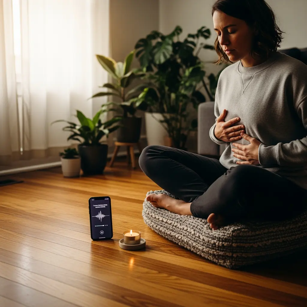 This picture depicts a woman engaged in a meditation or mindfulness practice within a tranquil indoor environment. She is seated cross-legged on a textured grey cushion, with her eyes gently closed and her hands placed on her chest and abdomen, indicating a focus on breathing and bodily sensations. On the polished wooden floor beside her, a smartphone displays an audio waveform, suggesting the use of a meditation or sound-therapy app, accompanied by a small, lit tealight candle on a ceramic coaster. The background features several green potted plants and soft natural light streaming in from a window, enhancing the serene and calming atmosphere of the space.

Keywords: Meditation, mindfulness, woman, indoor, home, plants, candle, smartphone, app, calm, peaceful, serene, sitting, cushion, breathing, wellness, self-care, wooden floor, natural light, focus.