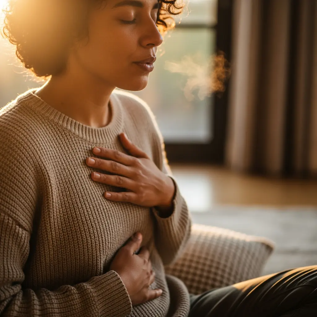 This serene image depicts a woman with curly hair, her eyes gently closed in a state of calm concentration, likely engaging in meditation or deep breathing exercises. Her right hand rests on her chest and her left hand on her abdomen, emphasizing a connection with her body and breath. Golden sunlight from the left illuminates her face and hair, highlighting visible vapor from her exhaled breath, which adds to the peaceful and introspective atmosphere. She is dressed in a cozy, light-colored knitted sweater, reinforcing a sense of comfort and tranquility in an indoor setting, possibly near a window. The overall scene beautifully conveys themes of mindfulness, relaxation, and self-care.

Woman, meditation, mindfulness, deep breathing, relaxation, breathwork, calm, peace, serenity, self-care, wellness, sunlight, golden hour, indoor, sweater, hands, closed eyes, curly hair, introspection, peaceful.
