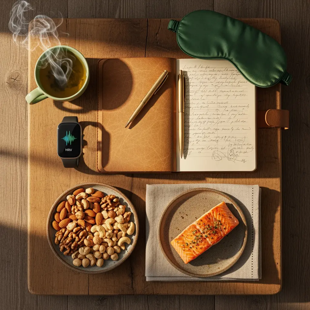 This top-down image showcases a neatly arranged collection of items on a rustic wooden table, suggesting a focus on health, wellness, and mindful living. In the upper left, a steaming mug of tea emits delicate wisps of smoke, next to a black smartwatch displaying \