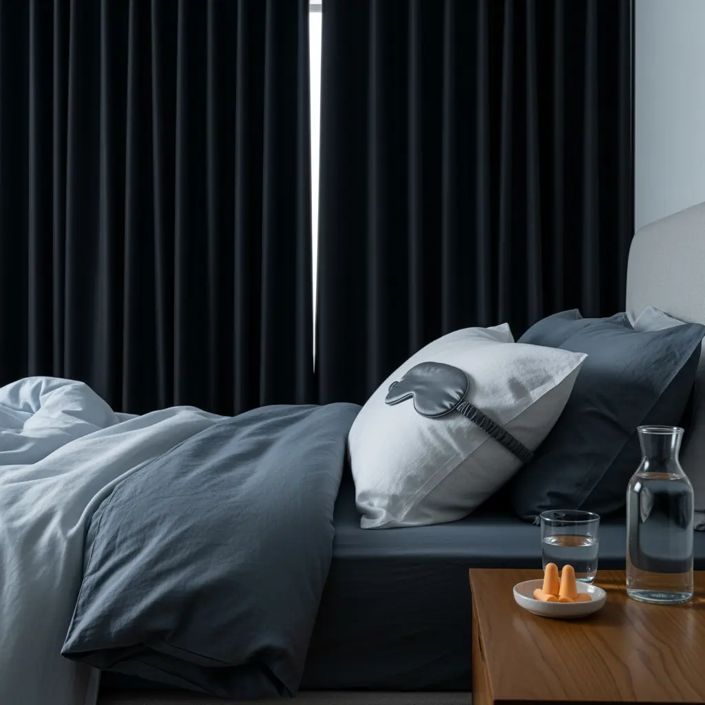 This picture depicts a serene bedroom setting, ready for a restful night's sleep. A neatly made bed with light blue and grey bedding features several pillows, one of which has a grey silk sleep mask draped over it. In the background, dark, presumably blackout curtains are drawn, with a sliver of bright light showing through a slight gap, suggesting an attempt to block out light for sleep. On a wooden bedside table to the right, a clear glass carafe of water, a matching glass filled with water, and a small white dish holding a pair of orange earplugs are visible, emphasizing a focus on undisturbed sleep.\n\nKeywords: Bedroom, bed, bedding, pillows, sleep mask, blackout curtains, window, bedside table, water carafe, glass of water, earplugs, sleep, relaxation, comfort, dark, muted colors, home decor, tranquil, evening.