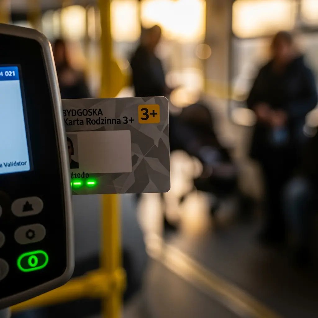 This close-up image captures a moment of validating a smart card on a public transport validator. A \