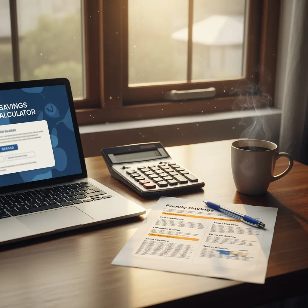 The image depicts a warm and inviting desk setup, likely for personal finance management or remote work, illuminated by soft sunlight streaming through a window in the background. On the left, a silver laptop displays a \