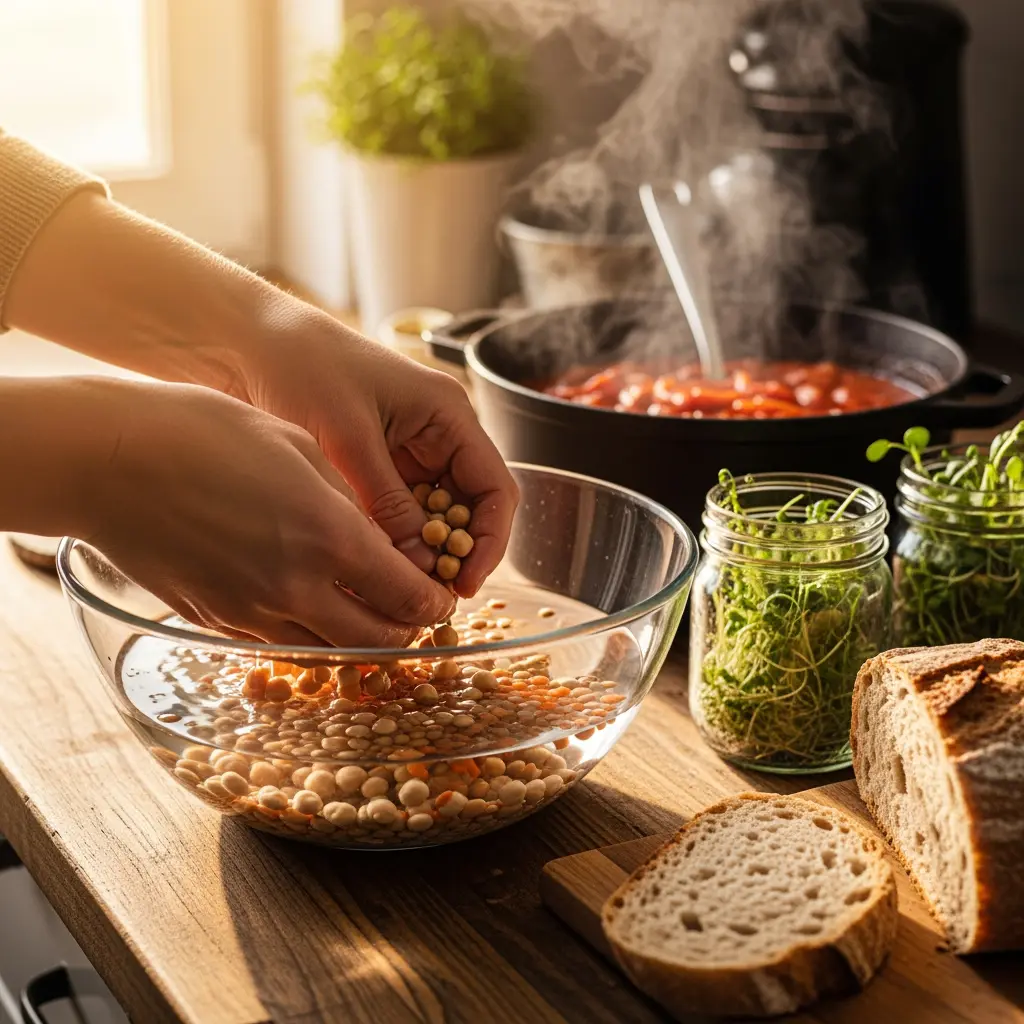 This picture depicts a warm and rustic kitchen scene where a person is actively engaged in food preparation. In the foreground, a pair of hands gently adds light brown chickpeas and smaller orange lentils into a clear glass bowl filled with water, suggesting they are being soaked or rinsed. Behind this, a dark pot on a stove steams with a bubbling red stew or soup, indicating ongoing cooking, while a metal ladle rests inside. To the right, a rustic wooden countertop holds two clear jars filled with vibrant green sprouts and a loaf of artisanal bread, with a sliced piece resting on a cutting board, completing the wholesome meal preparation setting.

Keywords: Kitchen, Food preparation, Chickpeas, Lentils, Legumes, Soaking, Cooking, Steaming pot, Red stew, Sprouts, Glass jars, Artisanal bread, Wooden countertop, Home cooking, Wholesome meal, Hands, Glass bowl, Natural light, Rustic, Ladle