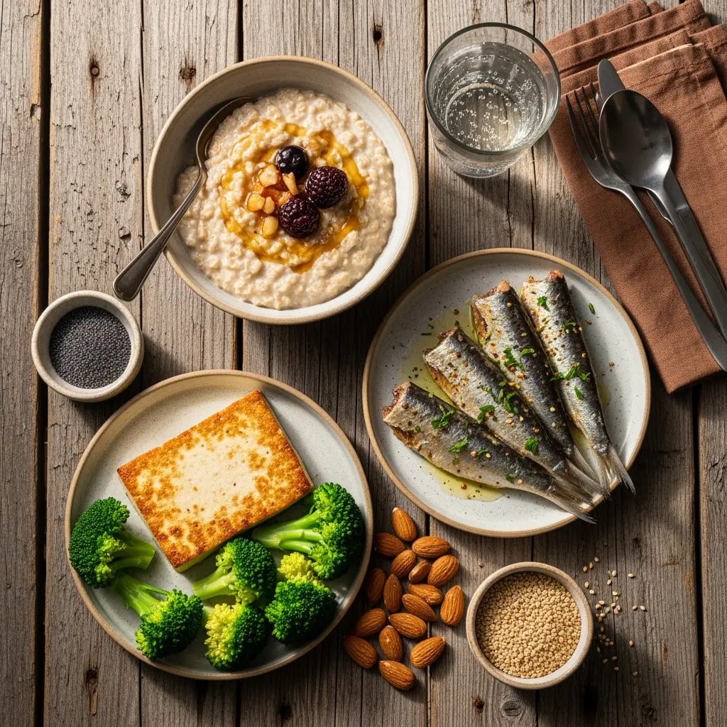 This overhead shot showcases a diverse and healthy meal spread across a rustic wooden table, bathed in natural light. In the upper left, a ceramic bowl holds a generous serving of oatmeal, garnished with dark berries, chopped nuts, and a golden drizzle of honey, alongside a small bowl of black poppy seeds. To the upper right, a clear glass of sparkling water sits near a set of dark metallic cutlery neatly arranged on a brown cloth napkin. The bottom left features a plate with a golden-brown slab of pan-fried tofu accompanied by vibrant green steamed broccoli florets. On the bottom right, another plate presents four whole sardines, lightly seasoned with herbs and olive oil, while a scattering of whole almonds and a small bowl of uncooked quinoa complete this wholesome and balanced culinary display.

**Keywords:** Healthy meal, wooden table, oatmeal, berries, honey, poppy seeds, sparkling water, cutlery, napkin, pan-fried tofu, broccoli, sardines, almonds, quinoa, balanced diet, rustic, overhead view, nutrition, protein, fiber.