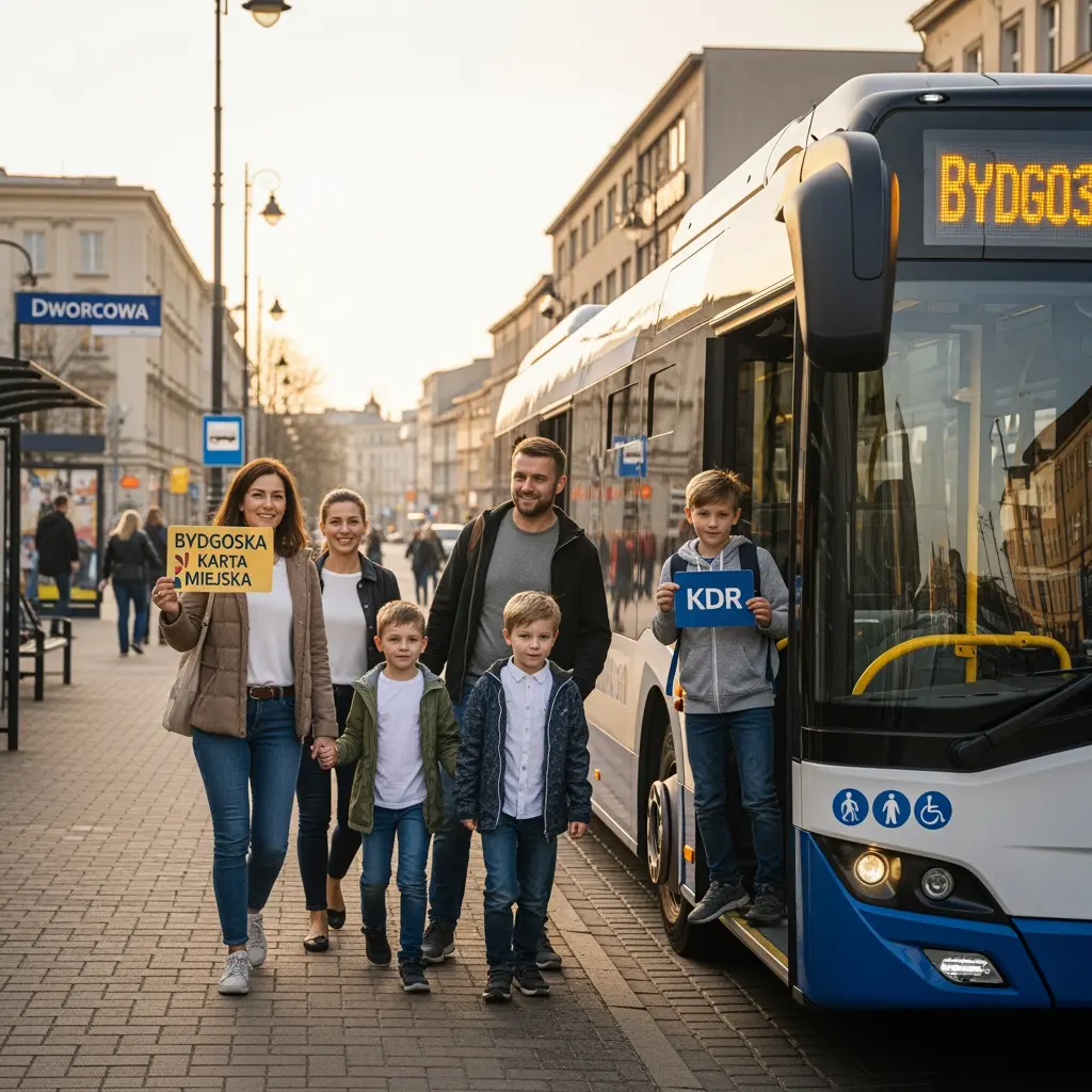 This picture shows a family of six – two adults and four children – standing on a cobblestone street, preparing to board a modern city bus at a bus stop. A woman on the left holds a yellow sign that reads \
