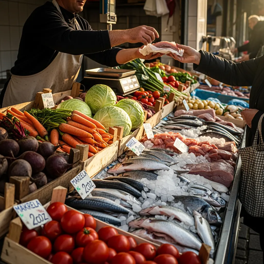 This vibrant image depicts a lively market stall where a vendor is engaged in a transaction with a customer. The vendor, wearing an apron, is seen handing a wrapped item, likely fish or meat, to a customer whose hand reaches into the frame, carrying a checkered shopping bag. The stall is laden with an abundance of fresh goods, featuring crates filled with bright orange carrots, deep red beets, and crisp green cabbages, alongside ripe red tomatoes in the foreground. Adjacent to the fresh produce, a wide selection of fresh fish is meticulously arranged on a bed of ice, alongside various cuts of meat or fish fillets, indicating a diverse offering. White price tags are visible throughout the display, highlighting the commercial aspect of this bustling food market.

Keywords: Market, Street market, Vendor, Customer, Fresh produce, Vegetables, Fish, Seafood, Ice, Carrots, Beets, Cabbage, Tomatoes, Meat, Fillets, Apron, Shopping, Transaction, Food stall, Retail.