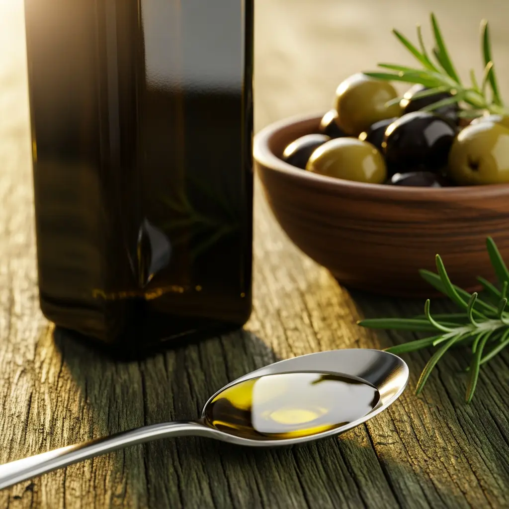 This captivating still life showcases the essence of olive oil and its accompaniments. A tall, dark glass bottle, filled with golden olive oil, stands prominently on a rustic wooden surface, illuminated by warm, natural light. Adjacent to it, a small, earthy terracotta bowl overflows with a tempting mix of plump green and dark black olives, garnished with vibrant sprigs of fresh rosemary. In the foreground, a glistening silver spoon holds a generous pool of the liquid gold, reflecting the warm hues and casting subtle shadows, creating an inviting and wholesome scene.

Keywords: Olive oil, olives, rosemary, spoon, bottle, wooden surface, still life, food photography, Mediterranean, rustic, natural light, golden, healthy, ingredients, culinary, terracotta bowl, herbs, green olives, black olives.