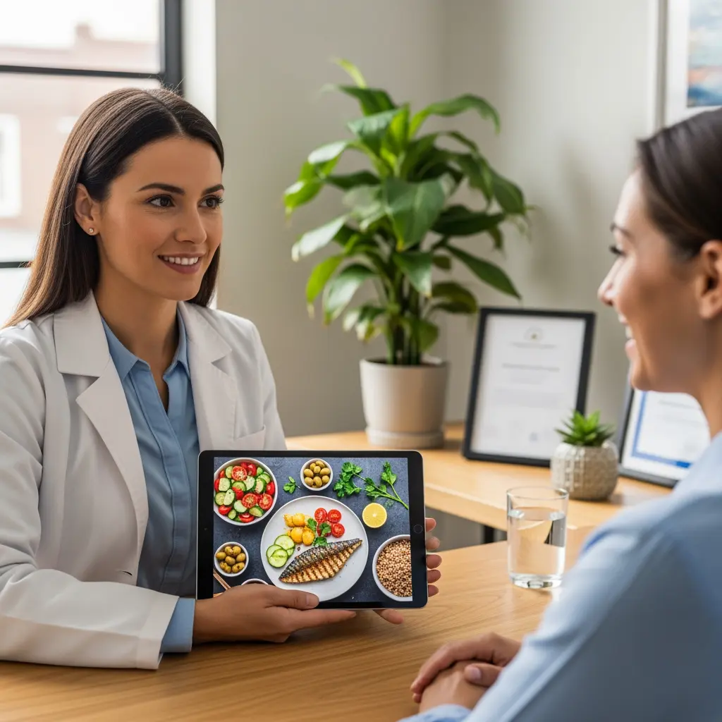 In a well-lit office or consultation room, a female nutritionist wearing a white lab coat and a blue shirt is seated at a wooden desk, smiling as she presents information on a tablet. The tablet, held horizontally, displays a vibrant and healthy meal consisting of grilled fish, a fresh salad with tomatoes and cucumbers, roasted vegetables, olives, a lemon wedge, and a bowl of grains. Facing her is a client, visible from the back and side, also smiling and engaged in the discussion, with her hands clasped on the desk next to a glass of water. The background includes a large potted plant, smaller decorative succulents, and framed certificates, creating a professional and inviting atmosphere.

Keywords: Nutritionist, client, consultation, tablet, meal plan, healthy food, grilled fish, vegetables, salad, grains, office, desk, wellness, diet, health, professional, advising, positive interaction, white coat, water glass.