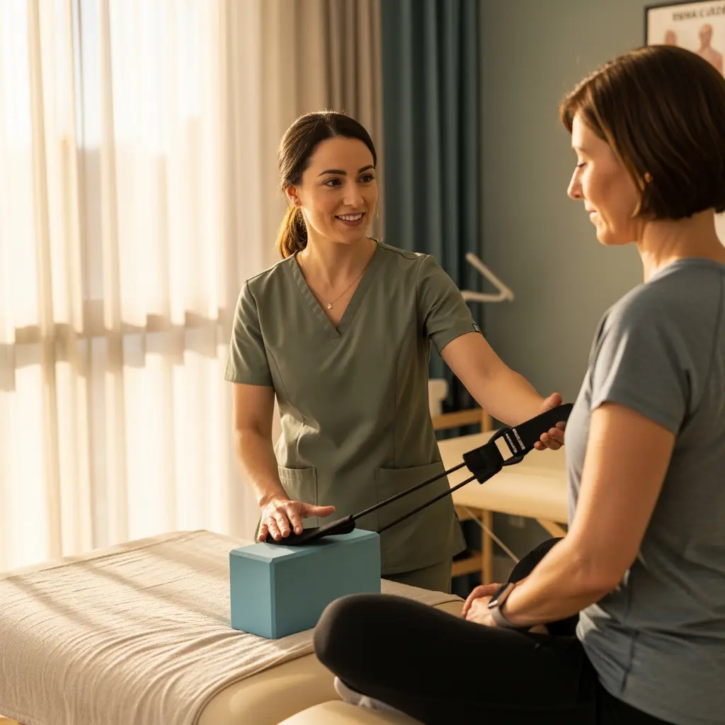 This image captures a warm, sunlit scene where a female physical therapist is guiding a patient through an exercise. The therapist, wearing olive green scrubs and smiling reassuringly, assists the patient with a black resistance band, her left hand resting on a light blue yoga block placed on the examination table. The patient, a middle-aged woman with short brown hair, is seated on the table in a grey t-shirt, concentrating as she holds the other end of the exercise band. Natural light streams into the comfortable and professional rehabilitation or wellness environment through sheer white curtains in the background.

Keywords: physical therapy, rehabilitation, wellness, exercise, resistance band, physical therapist, patient, clinic, examination table, yoga block, scrubs, natural light, indoor, healthcare, assistance, women, professional, supportive, treatment, fitness.