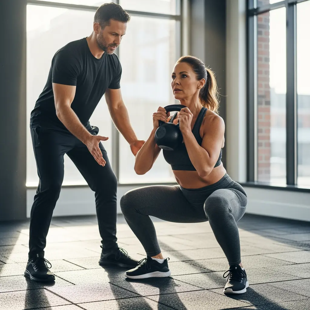The image depicts a woman performing a kettlebell squat under the attentive guidance of a male personal trainer in a modern gym setting. The woman, wearing a dark sports bra and grey leggings, is in a deep squat position, holding a black kettlebell at her chest with both hands. Her trainer, dressed in a matching black athletic outfit, stands beside her, gesturing with an open hand as if providing instruction or encouragement. The brightly lit gym features large windows in the background, casting natural light onto the textured, checkered floor, highlighting the intensity of their workout.\n\n**Keywords:** Personal trainer, woman, kettlebell squat, gym, workout, fitness, strength training, athletic wear, squatting, coaching, kettlebell, indoor, exercise, health, motivation.