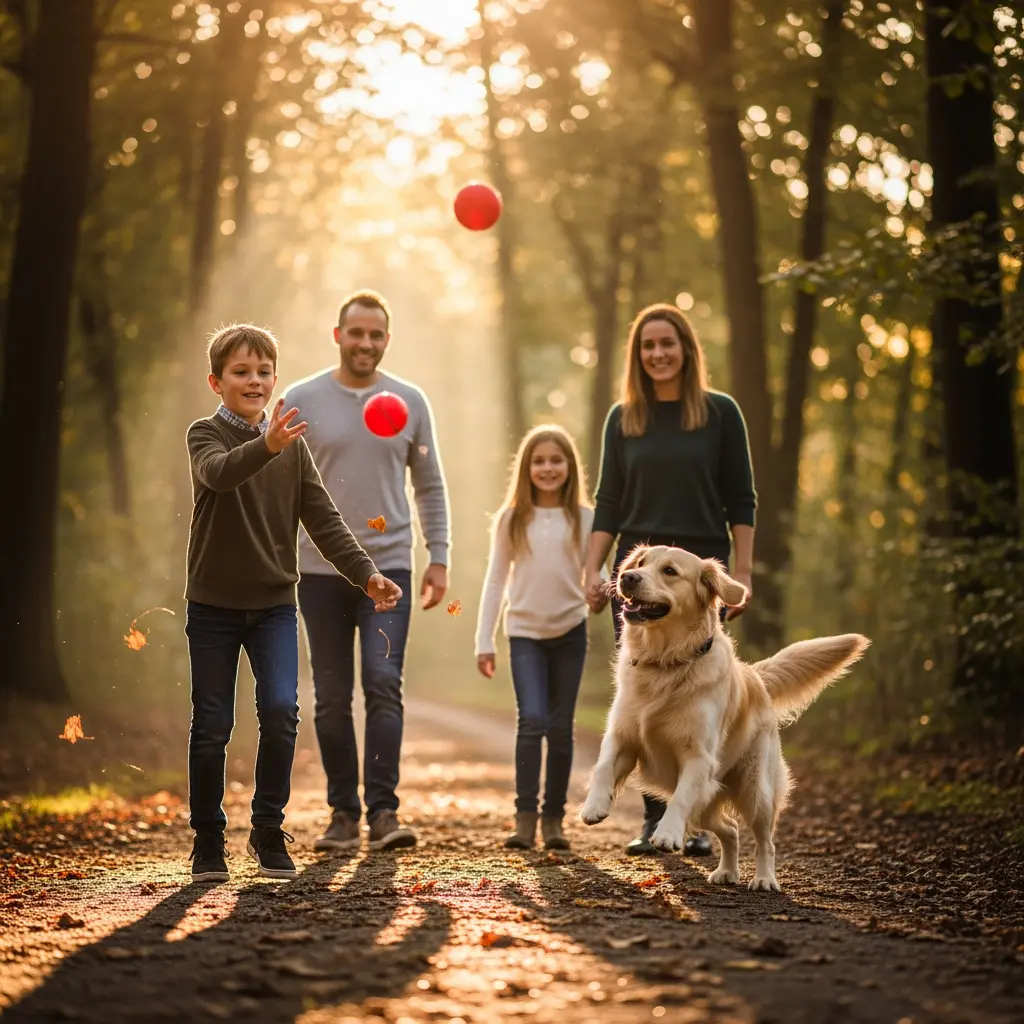 This heartwarming picture captures a family of four and their Golden Retriever enjoying a playful walk on a sun-drenched forest path, likely during autumn. In the foreground, a young boy joyfully throws a red ball while a second red ball is suspended in the air, and their happy dog leaps beside them. The parents and a young girl walk behind, all smiling, as warm, golden light streams through the trees, illuminating the falling leaves and casting long shadows on the ground. The scene conveys a sense of happiness, connection, and cherished family moments spent outdoors in nature.