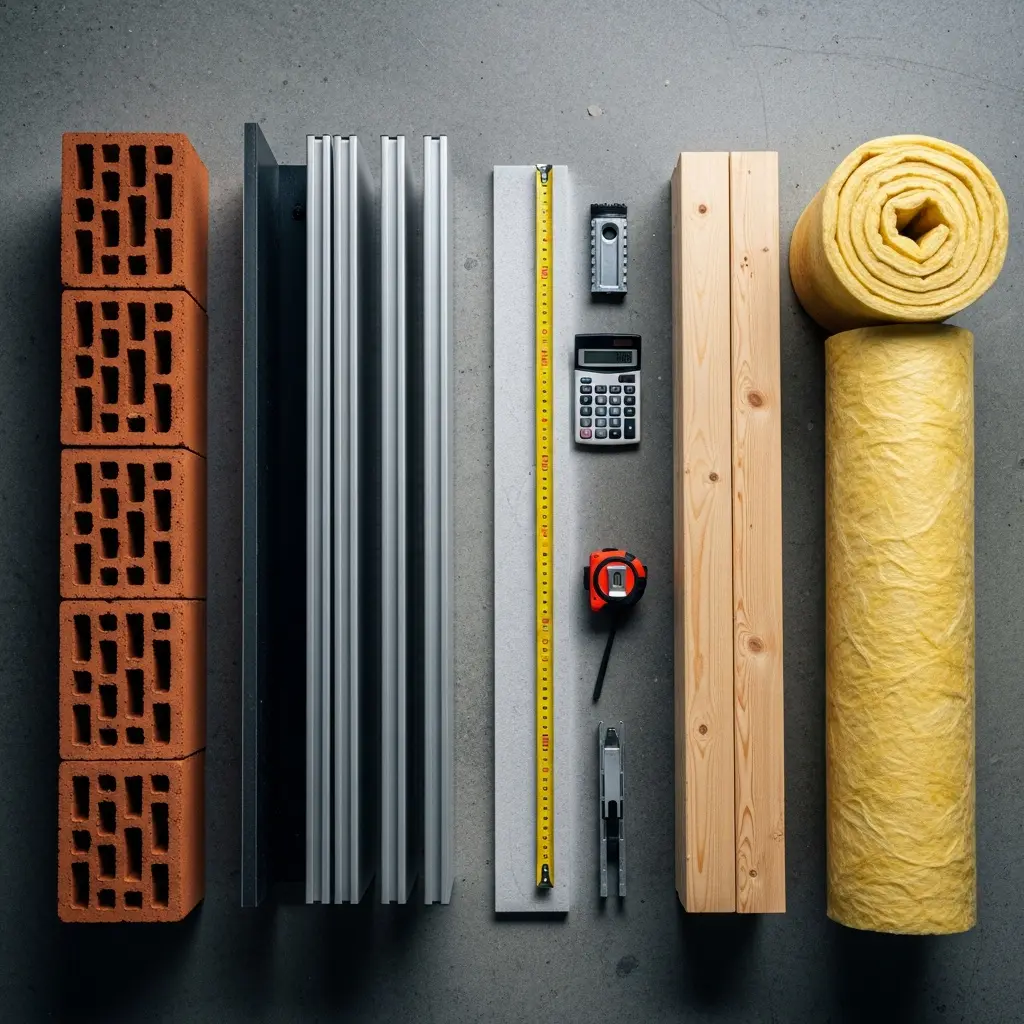 This top-down flat lay image showcases a diverse array of construction and building materials neatly organized on a grey concrete background. On the left, a stack of five terracotta-colored, perforated bricks stands beside a dark panel and several long, slender silver metal profiles, likely studs or channels for drywall. A light grey board is centered with a yellow fabric measuring tape laid across it, accompanied by a small black calculator, an orange tape measure, and a silver utility tool, possibly a staple gun or knife. To the far right, two light wooden beams are stacked, adjacent to a large rolled mat of yellow fibrous insulation material and another upright roll, likely mineral or glass wool, all representing common elements for various building and renovation projects.

Keywords: Construction, building materials, renovation, insulation, bricks, terracotta, wood, timber, aluminum profiles, metal studs, measuring tape, calculator, utility tool, staple gun, flat lay, top-down, concrete background, mineral wool, glass wool, DIY.