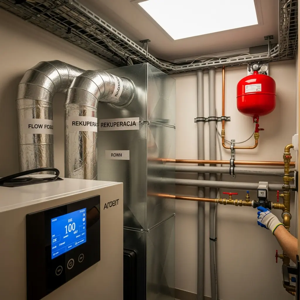 This detailed image depicts a well-organized utility or mechanical room, showcasing various essential building services. On the left, a modern heat recovery ventilation (HRV) unit, branded \