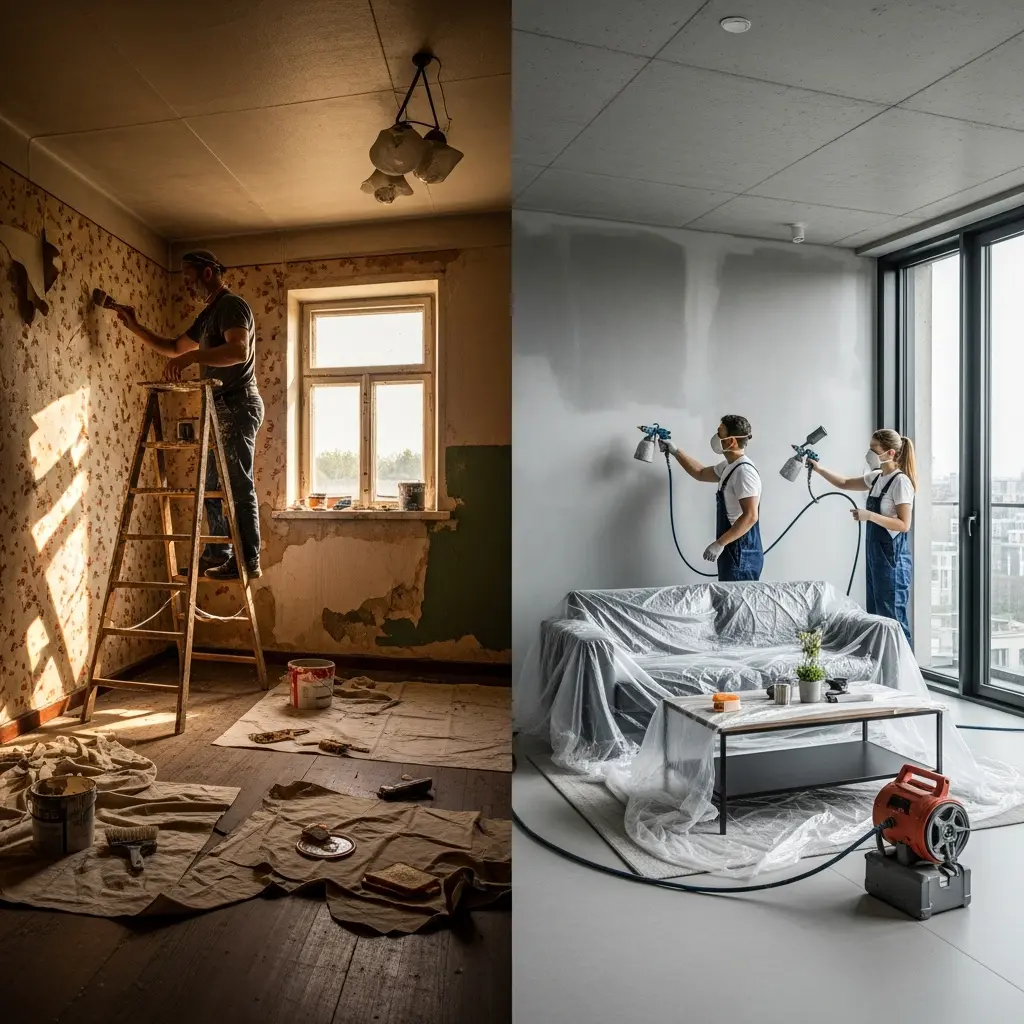 This split image dramatically contrasts two different approaches or stages of room renovation. On the left, an older, dilapidated room with peeling floral wallpaper and a worn wooden floor is being manually painted by a man on a wooden ladder, using a traditional brush amidst dropped cloths and scattered paint cans. In stark contrast, the right side depicts a modern, minimalist room with large windows, where two masked individuals in overalls are efficiently spray-painting smooth grey walls, with a sofa and coffee table covered in protective plastic and a large air mover on the clean floor. The image effectively showcases a transition from traditional, messy renovation to a more modern, streamlined process or a \
