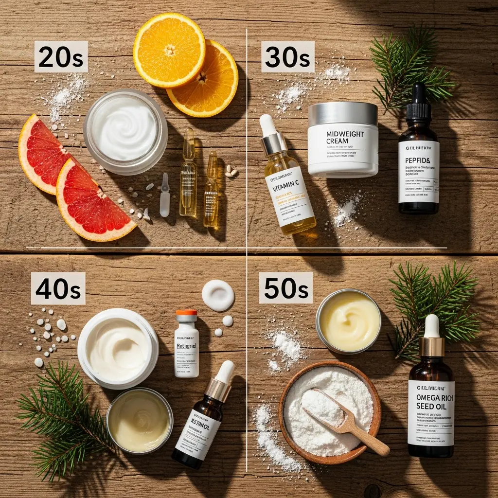 This detailed flat lay image showcases a conceptual guide to skincare routines across different age decades, from 20s to 50s, presented on a rustic wooden background. The \