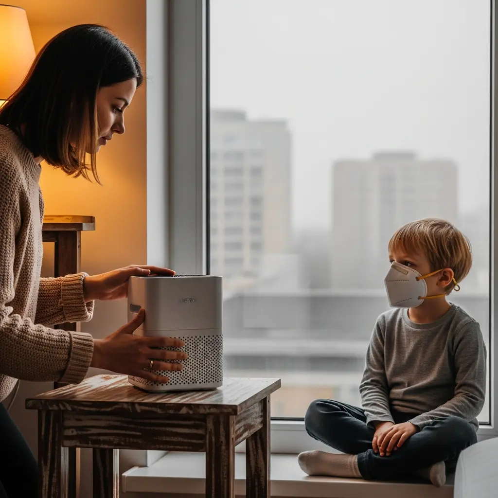 This picture depicts an indoor scene focusing on a woman and a young boy, highlighting concerns about air quality. A woman in a beige knit sweater carefully tends to a modern white air purifier placed on a rustic wooden table, her gaze focused intently on the device. To her right, a young boy with light hair sits cross-legged on a wide windowsill, wearing a white respirator mask with yellow straps. He looks out at a hazy, urban landscape dominated by distant buildings and a muted sky, suggesting concerns about outdoor air quality influencing their indoor environment.

Keywords: Woman, child, air purifier, respirator mask, indoor, window, hazy cityscape, air quality, pollution, health concern, family, modern appliance, wooden table, sweater, urban environment, protection, young boy, home, N95, breathing