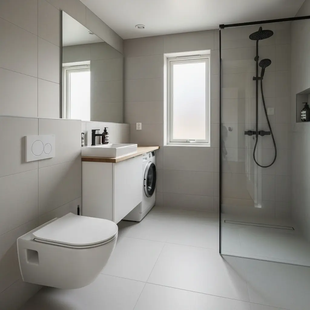 This picture depicts a bright and modern bathroom characterized by a clean, minimalist design and light grey wall and floor tiles. On the left, a wall-mounted toilet with a white dual-flush plate is installed, adjacent to a vanity unit featuring a rectangular white sink, a matte black faucet, and a light wooden countertop. A front-loading washing machine is neatly integrated beneath the countertop, while a tall, frosted window allows diffused natural light into the space. To the right, a spacious walk-in shower is visible, enclosed by a clear glass partition with black framing, and fitted with contemporary matte black shower fixtures, including both a rain showerhead and a handheld sprayer, along with a recessed shelf for bath products. A large mirror above the sink reflects parts of the room, further enhancing the bright and expansive feel of the bathroom.\n\nKeywords: Bathroom, modern, minimalist, grey tiles, wall-mounted toilet, vanity, sink, black faucet, wooden countertop, washing machine, frosted window, walk-in shower, glass partition, black shower fixtures, recessed niche, clean, bright, interior design, home, contemporary.