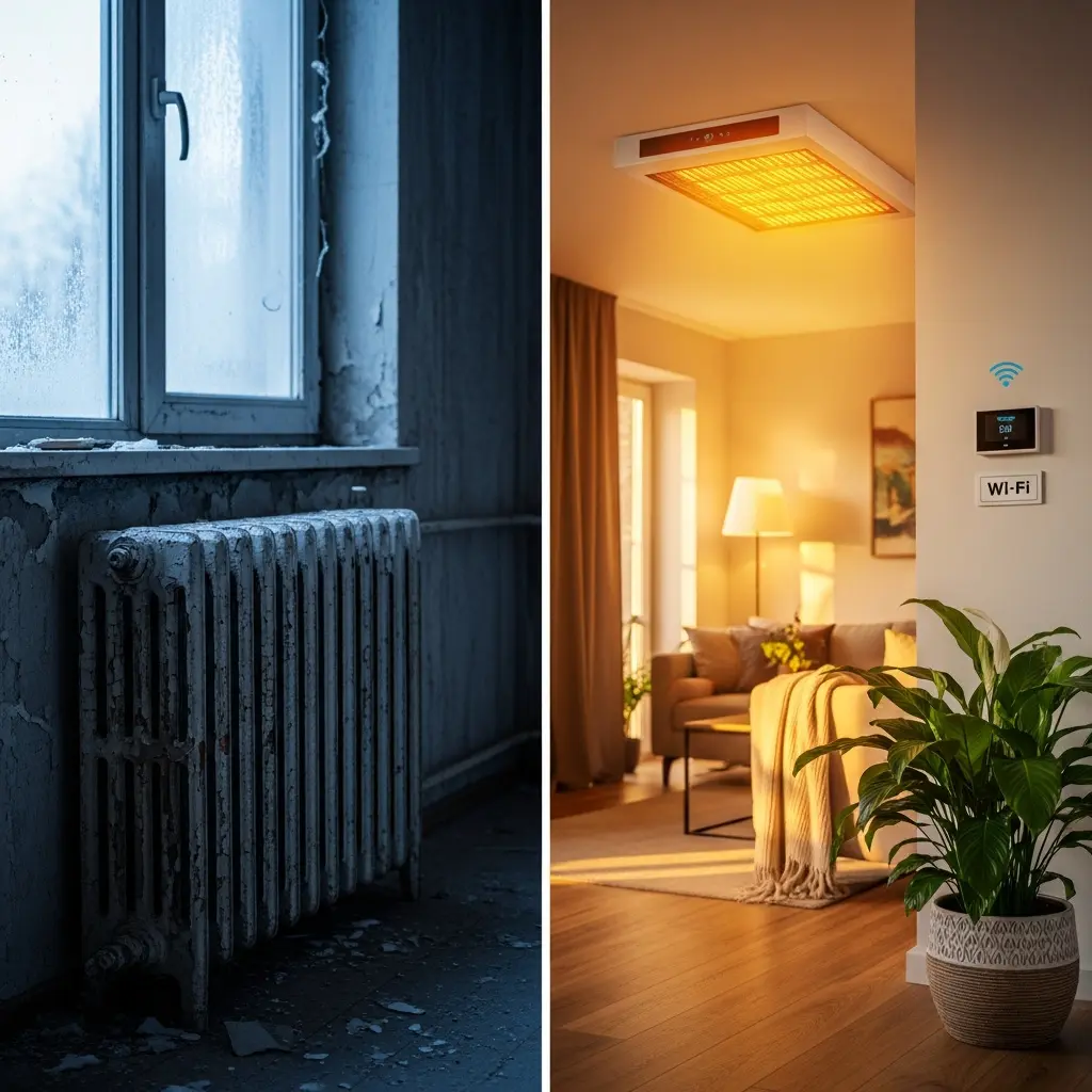 This diptych powerfully illustrates a stark contrast between two domestic environments, focusing on heating and living conditions. On the left, a desolate and cold room is depicted with a frost-covered window, a severely rusted and peeling old radiator, and dilapidated walls, conveying a sense of neglect and discomfort. In sharp opposition, the right side reveals a warm, modern, and inviting living space featuring a ceiling-mounted infrared heater emitting a vibrant orange glow, a smart Wi-Fi connected thermostat, and comfortable furnishings like a sofa and a throw blanket. This image effectively highlights the difference between outdated, inefficient heating and a technologically advanced, cozy, and comfortable home environment.

Keywords: Contrast, heating, old, new, cold, warm, radiator, infrared heater, decay, modern, smart home, technology, comfort, neglect, living room, window, frost, peeling paint, cozy, efficiency.