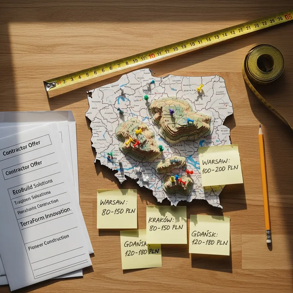 The image presents a top-down view of a wooden desk, bathed in warm, directional light, showcasing items related to project planning or business strategy. Central to the scene is a detailed map of Poland, featuring several raised, layered 3D topographical sections marked with numerous colorful pushpins, possibly indicating locations or project sites. To the left, a stack of white \