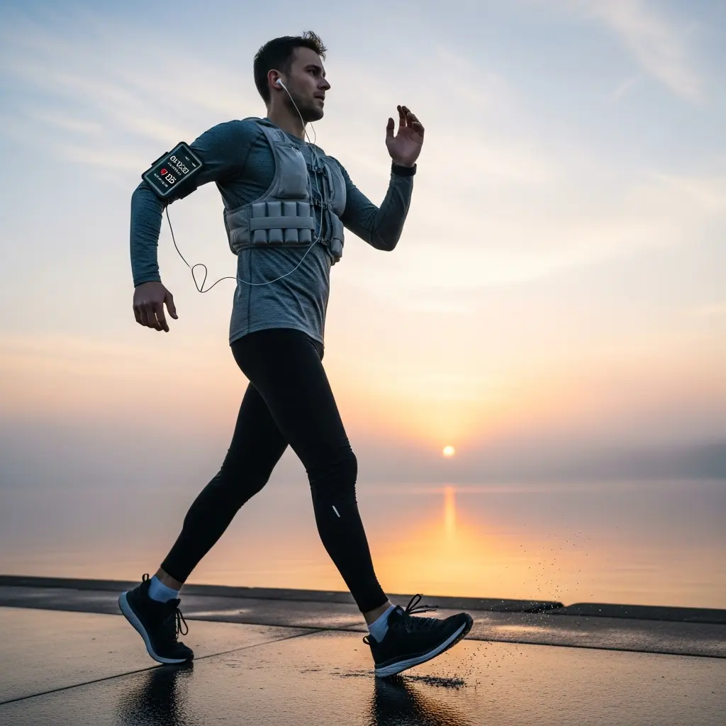 This picture captures a man engaged in outdoor exercise, either walking or jogging briskly, at sunrise or sunset. He is dressed in grey athletic wear, including a long-sleeved shirt and black compression pants, and is wearing a grey weighted vest to enhance his workout. On his left arm, a smartphone in an armband displays his heart rate and workout time, with wired earphones plugged in. The setting is a serene waterfront, where the low sun casts a golden reflection across the calm water and illuminates the wet, reflective ground as he moves forward.

Keywords: Fitness, exercise, man, weighted vest, jogging, walking, sunrise, sunset, outdoor, workout, athletic, phone armband, earphones, body of water, reflection, wet surface, healthy lifestyle, morning run, evening walk, active.
