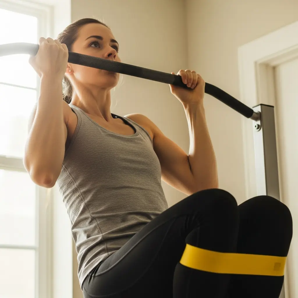 This image captures a focused woman performing an exercise on a pull-up bar indoors. She is seen from a low angle, gripping the dark padded bar with both hands, with her chin above the bar, indicating the peak of a pull-up or chin-up. She wears a grey athletic tank top, black leggings, and has a bright yellow resistance band wrapped around her upper thighs, likely assisting or adding resistance to her workout. The background suggests a brightly lit room with a window on the left and light-colored walls, highlighting a home gym setting. Her expression shows concentration and effort during the exercise.

Woman, exercise, workout, pull-up, chin-up, resistance band, home gym, fitness, strength training, athletic wear, tank top, leggings, active, indoor, determination, upper body, bar, healthy lifestyle, concentration.