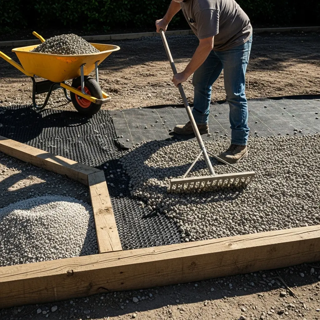The image depicts an outdoor landscaping or construction scene where a person is actively working to spread gravel. Dressed in a t-shirt, jeans, and work boots, the individual is using a metal rake with a long handle to evenly distribute light-colored, rounded stones over a prepared surface. Beneath the gravel is a black, cellular grid system, likely a geocell or ground stabilization grid, laid over a dark weed barrier fabric. Sturdy wooden beams form an L-shaped edge or retaining wall in the foreground, with a large pile of gravel resting near them and a yellow wheelbarrow full of gravel positioned to the left.

Keywords: landscaping, gravel, raking, construction, ground stabilization, geocell, worker, wheelbarrow, outdoor, building materials, wooden beams, aggregate, path, foundation, hardscaping, manual labor, tools, project, site.