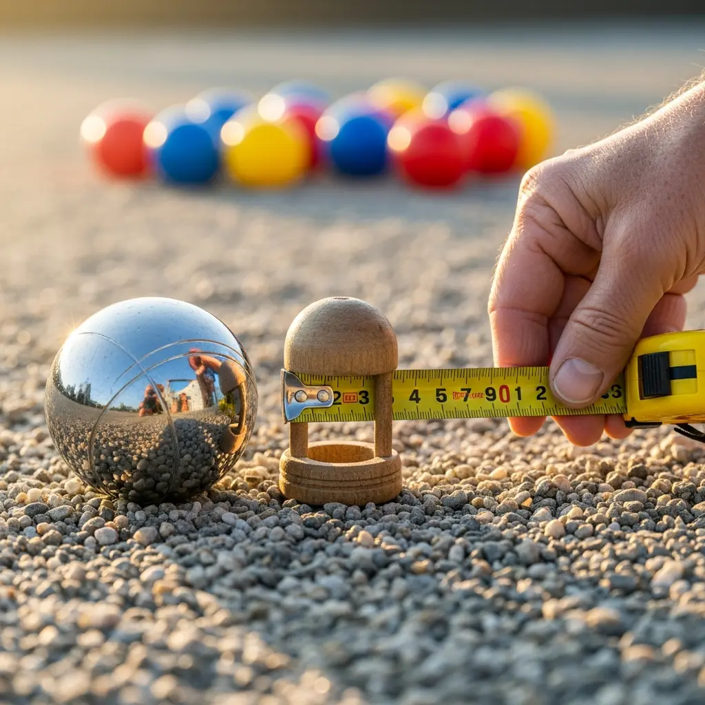 This photograph captures a close-up scene from a pétanque or bocce game, highlighting the critical moment of measurement. In the foreground, a gleaming, reflective metal pétanque ball sits on a bed of small gravel, next to a small, intricate wooden object, possibly a jack holder or marker. A hand from the right meticulously extends a bright yellow measuring tape around the wooden piece, indicating a precise distance. The background, softly blurred, shows an array of colorful boules—red, blue, and yellow—lined up on the court, all illuminated by warm, golden sunlight.

Keywords: Pétanque, bocce, game, measurement, measuring tape, gravel, boule, metal ball, wooden object, hand, sports, outdoors, sunny, close-up, precision, competition, reflective, colorful balls, leisure, cochonnet.