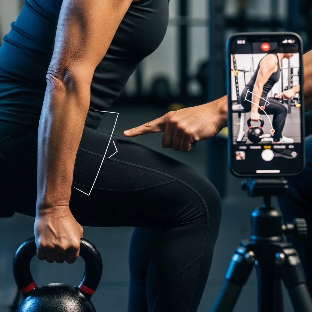 This image captures a fitness session where a person in black athletic attire is performing a kettlebell exercise, likely a deadlift or squat, in a gym setting. A smartphone, mounted on a tripod, records or displays a live video feed of the workout, featuring overlaid skeletal tracking lines and red dots to analyze the exerciser's form. Simultaneously, a hand points to the exercising individual's hip area, reinforcing the focus on proper technique, which is further emphasized by white graphic lines indicating an angle on the hip. The scene highlights the integration of technology, like AI-powered posture analysis, into personal training to ensure correct movement and prevent injury.

Keywords: Fitness, exercise, gym, kettlebell, workout, personal training, form analysis, posture tracking, smartphone, technology, digital coaching, squat, deadlift, athletic wear, black leggings, tripod, movement analysis, health, wellness, training.