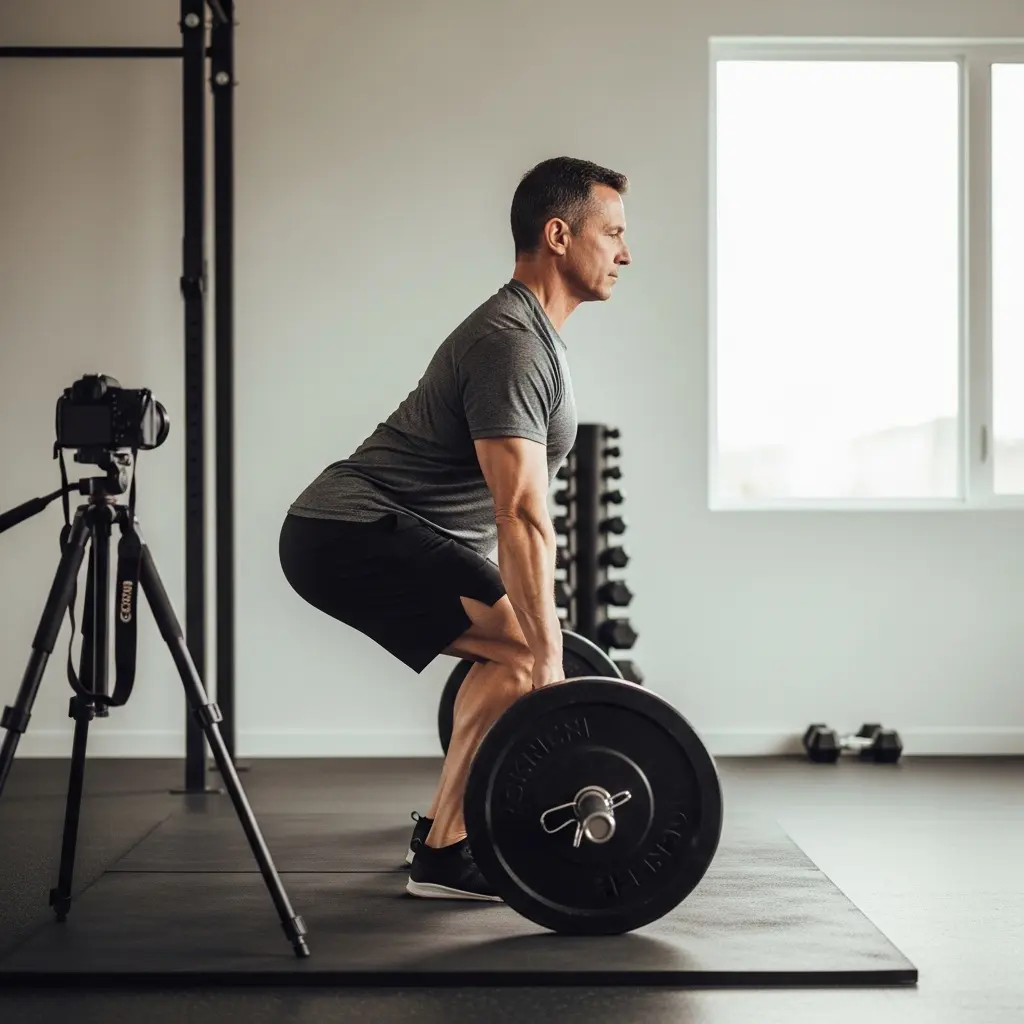 The image depicts a focused, middle-aged man in a grey t-shirt and black shorts performing a deadlift, with his hands gripping a barbell resting on the floor. He maintains a straight back and slightly bent knees, demonstrating proper form at the start of the lift, looking forward with concentration. To his left, a black DSLR camera mounted on a tripod records the exercise, suggesting a training video or personal progress tracking. The bright, clean gym environment features a rack of dumbbells and a power rack in the background, with ample natural light entering from a large window on the right, all set against a light-colored wall and dark rubber floor mats.

Man, deadlift, weightlifting, gym, workout, strength training, barbell, camera, tripod, fitness, dumbbells, power rack, exercise, focused, indoor, training.