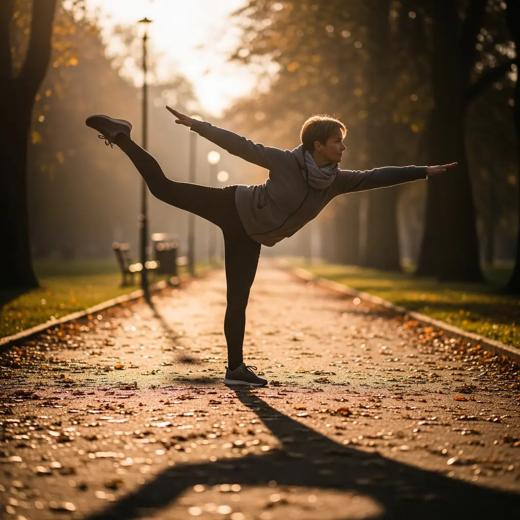 This picture depicts a person, likely a woman, gracefully performing a challenging balance pose, resembling a variation of Warrior III yoga, on an outdoor park pathway. Dressed in a grey hoodie, dark leggings, and athletic shoes, she extends one leg backward and her arms out to the sides, perfectly balanced on the other leg. The scene is bathed in the warm, soft light of what appears to be either sunrise or sunset, creating a beautiful golden glow and casting a long, distinct shadow of the person on the path. The pathway is dotted with scattered autumn leaves, and the background features blurred trees, a lamppost, and benches, all enveloped in a gentle mist or haze, contributing to a serene and focused atmosphere.

Keywords: Yoga, balance, outdoor, park, autumn, fall leaves, golden hour, sunrise, sunset, misty, hazy, silhouette, exercise, fitness, woman, athletic wear, tranquility, path, trees, stretching.