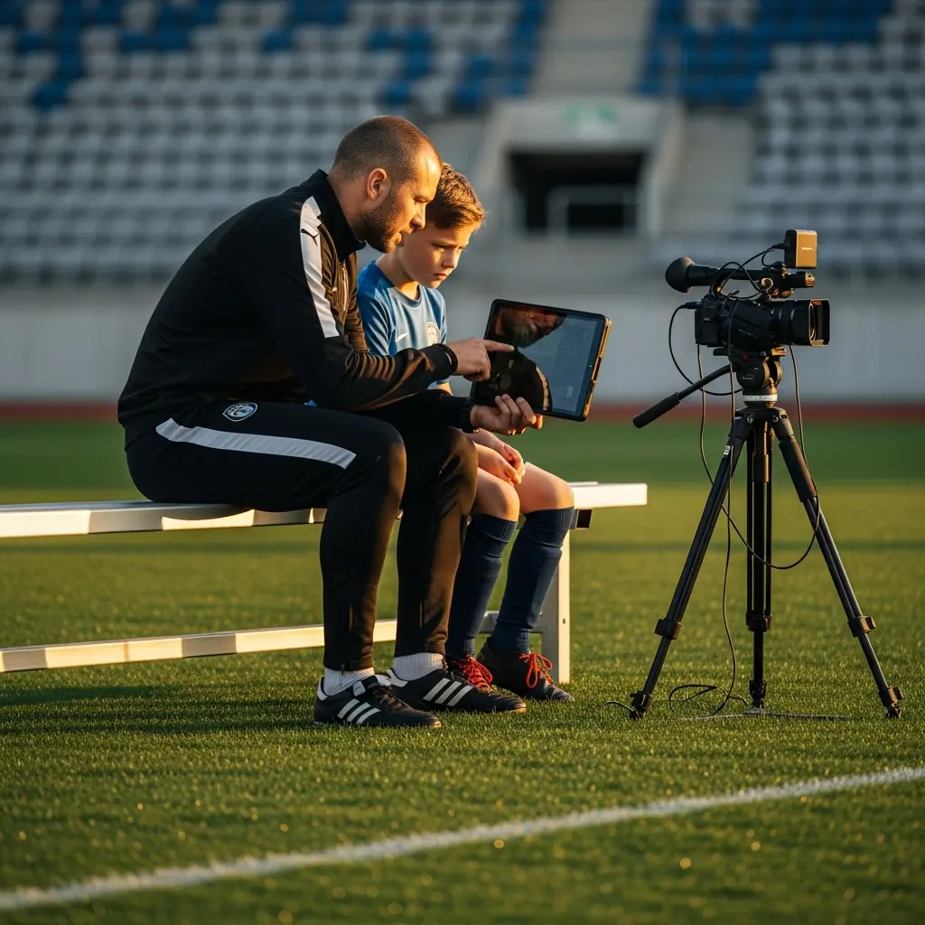 This picture captures a focused moment between a soccer coach and a young player on a sports field. An adult, presumably the coach, wearing a black tracksuit, sits on a white bench next to a boy in a blue soccer uniform, as they both intently look at a tablet screen held by the coach, who is pointing at its display. Nearby, a professional video camera on a tripod stands, likely used for recording performance review, set against the backdrop of empty stadium seats bathed in the warm glow of late afternoon sun. The scene highlights the use of technology for sports analysis and development in a dedicated training environment.

Keywords: soccer, football, coach, player, video analysis, tablet, camera, tripod, stadium, sports, training, mentorship, youth sports, technology, field, turf, tracksuit, jersey, golden hour, learning.