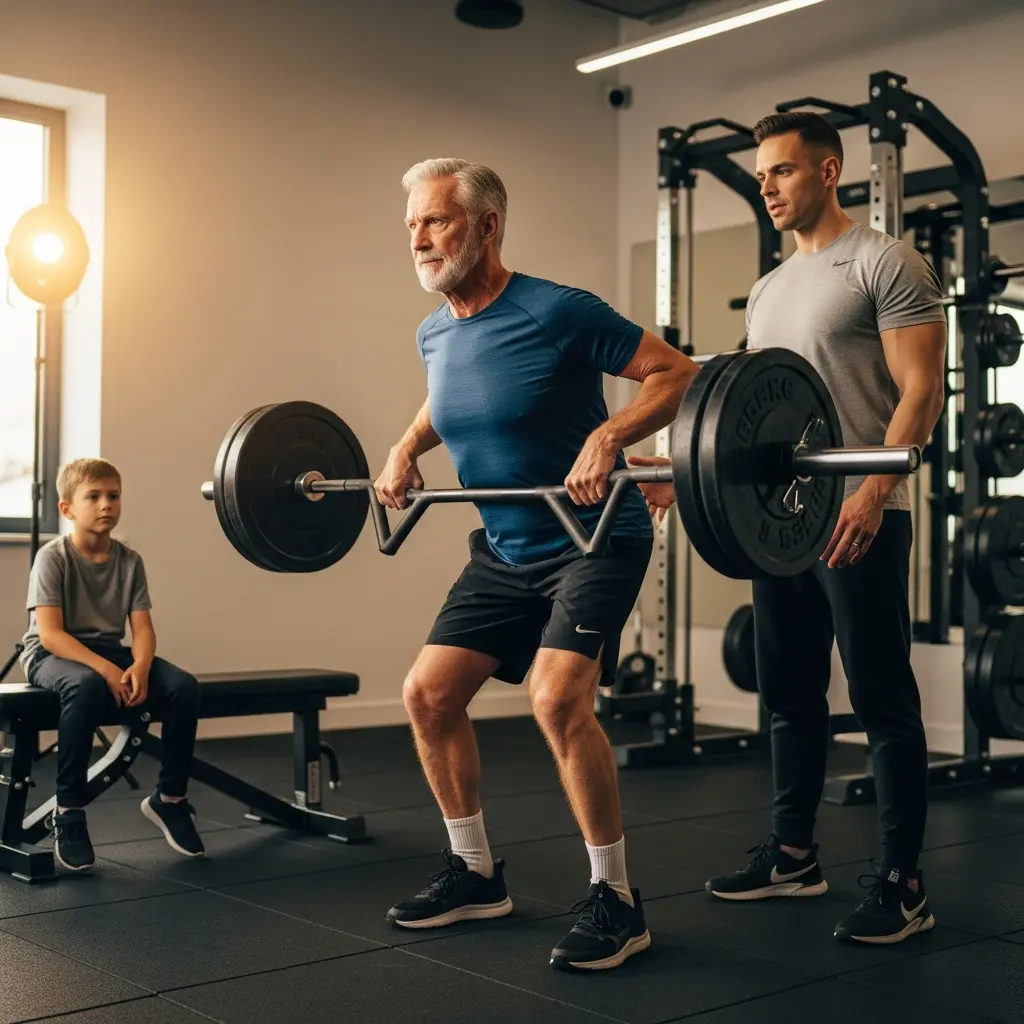 This dynamic image captures an older man with a grey beard and hair performing a trap bar deadlift in a well-equipped gym, demonstrating strength and determination. Dressed in a blue athletic shirt and black shorts, he intently grips the hex bar loaded with heavy weight plates, while a younger man, likely a personal trainer or spotter, stands attentively behind him in a grey t-shirt. To the left, a young boy sits on a weight bench, watching the exercise with curious focus, illuminated by natural light from a window. The modern fitness environment features dark rubber flooring, various weight racks, and professional lighting, highlighting a scene of intergenerational fitness and mentorship.

Gym, fitness, weightlifting, deadlift, trap bar, older man, personal trainer, young boy, exercise, strength, health, workout, active lifestyle, barbell, weight plates, modern gym, mentorship, family, focus, athletic