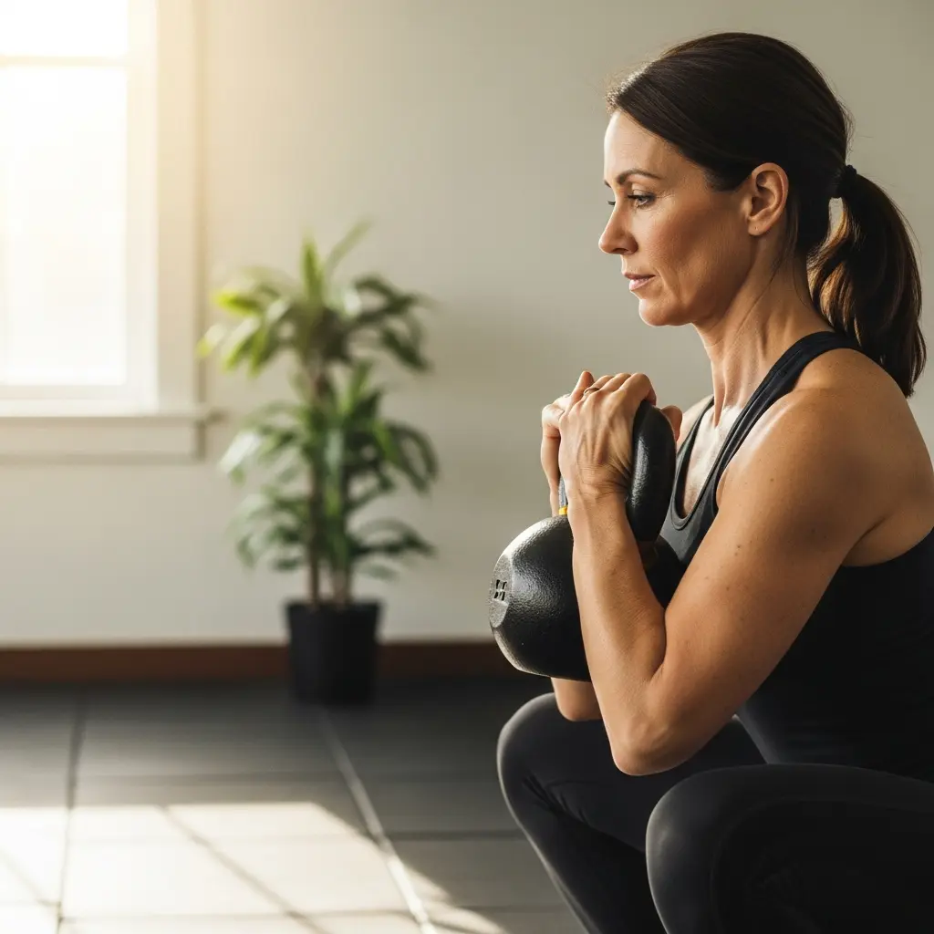 This image captures a focused woman engaged in a strength training exercise. She is performing a squat while holding a black kettlebell with both hands close to her chest, demonstrating good form and concentration. The woman, appearing to be in her mid-forties, is dressed in a black athletic tank top and matching leggings, with her dark hair neatly tied back. The background reveals a bright indoor setting, featuring a window on the left through which natural light streams in, a light-colored wall, and a green potted plant. The dark, possibly rubberized, floor beneath her suggests a dedicated workout space, such as a home gym or fitness studio.\n\nKeywords: Exercise, workout, fitness, woman, squat, kettlebell, strength training, home gym, indoor, focus, determination, healthy lifestyle, active, sportswear, weightlifting, personal training, well-being, mature woman, gym, fitness studio.