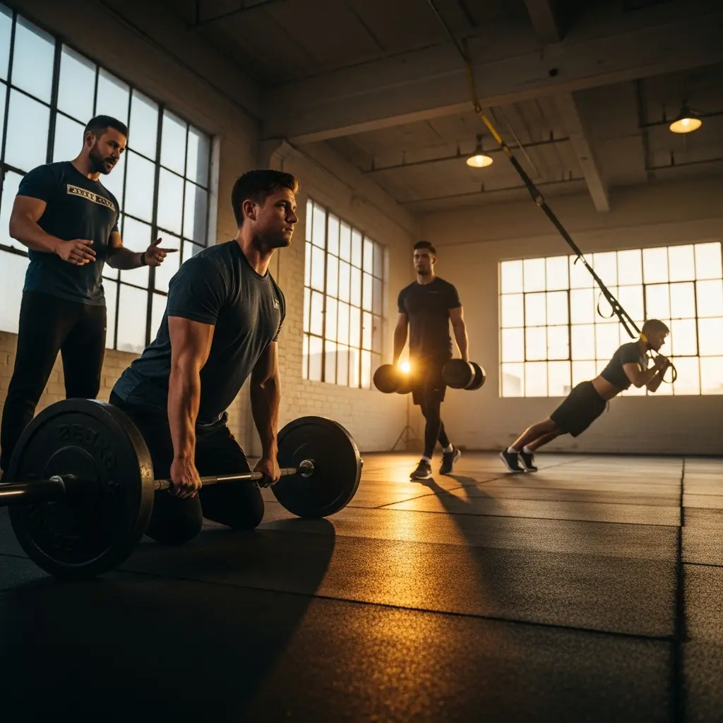 This vibrant image depicts a dynamic scene within a spacious, industrial-style gym, bathed in the warm, golden light of either sunrise or sunset streaming through large grid-pattern windows. Four men are engaged in various fitness activities, showcasing a comprehensive workout session. In the foreground, a muscular man in a dark t-shirt is performing a barbell deadlift or similar exercise, with a personal trainer actively instructing him, gesturing with his right hand. Further back, another man walks across the matte black rubber flooring, holding a pair of heavy dumbbells that intensely reflect the low sun, while to his right, a fourth individual is performing a suspended bodyweight exercise using black and yellow TRX straps hanging from the ceiling. The overall atmosphere emphasizes focused training and professional guidance in a well-equipped and naturally lit environment.

Keywords: Gym, fitness, workout, men, strength training, personal trainer, coaching, barbell, dumbbells, TRX, suspension training, exercise, golden hour, industrial gym, weights, athletic, focus, teamwork.