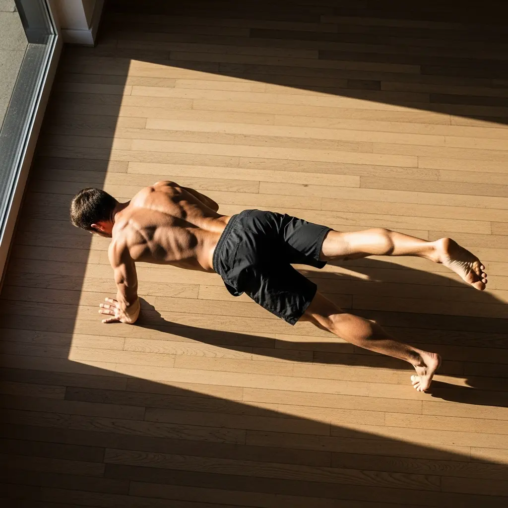 This top-down image captures a shirtless man performing a challenging one-arm plank exercise on a light wooden floor. He is supported by his left hand and right foot, with his right leg and left arm lifted, showcasing his well-defined back muscles, shoulders, and core strength. Dressed in black athletic shorts and barefoot, he maintains a focused posture while strong, natural sunlight streams in from a window on the left, casting dramatic shadows across the floor. The warm light and cool shadows create a dynamic contrast, emphasizing the man's physique and the textures of the environment.

Man, exercise, plank, fitness, workout, muscular, shirtless, barefoot, wood floor, sunlight, shadows, indoor, strength, core, athletic, top-down, back muscles, wellness, bodyweight, yoga.