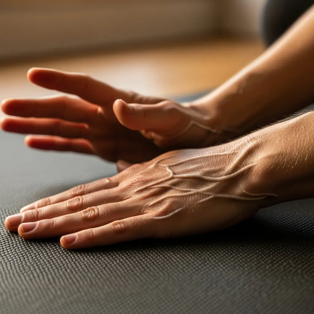 This close-up image focuses on a person's hands resting on a dark, textured surface, likely a yoga or exercise mat. The hand on the right (from the viewer's perspective) is placed flat on the mat, while the left hand is slightly raised with fingers gently splayed, suggesting movement or a transitional pose. A prominent network of veins is distinctly visible on the back of both hands, highlighted by the warm, directional lighting. The background is softly blurred, showcasing warm, light brown tones that indicate an indoor setting, possibly a wooden floor or wall, creating a sense of depth and focus on the hands.

Keywords: Hands, human anatomy, visible veins, yoga mat, exercise, stretching, wellness, close-up, detailed, skin texture, natural light, indoor, mindfulness, circulation, relaxed pose, physical activity, health, body.