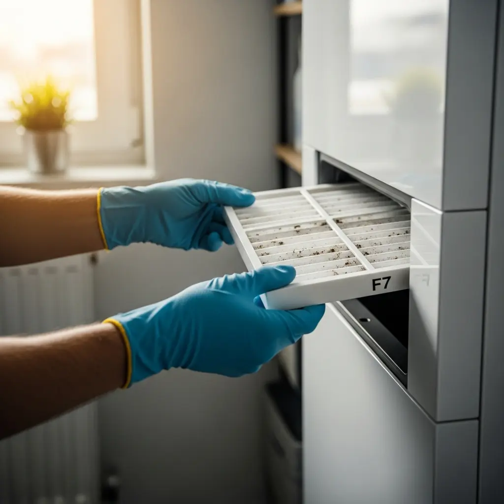 The image depicts a close-up of a person's gloved hands handling a visibly dirty air filter. The hands are clad in bright blue protective gloves with distinctive yellow cuffs, either removing or inserting the rectangular white filter into a sleek, modern white appliance, possibly an air purifier or ventilation unit. The filter itself is gridded and covered in a significant amount of dark dust and debris, bearing the marking \