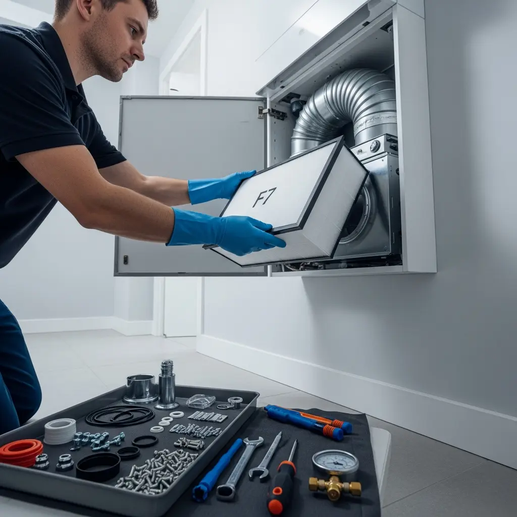 This detailed picture captures a man in blue protective gloves performing maintenance on a wall-mounted ventilation or HVAC system in a modern, light-colored interior. He is focused on carefully inserting or removing a white rectangular air filter, clearly labeled \